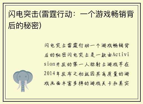 闪电突击(雷霆行动：一个游戏畅销背后的秘密)